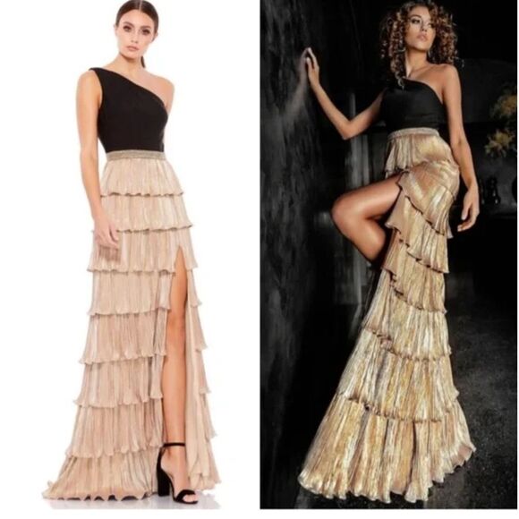 Mac Duggal 26541 One Shoulder Layered Tiered Gold Metallic Ruffle Gown, Size 6 - Picture 1 of 12